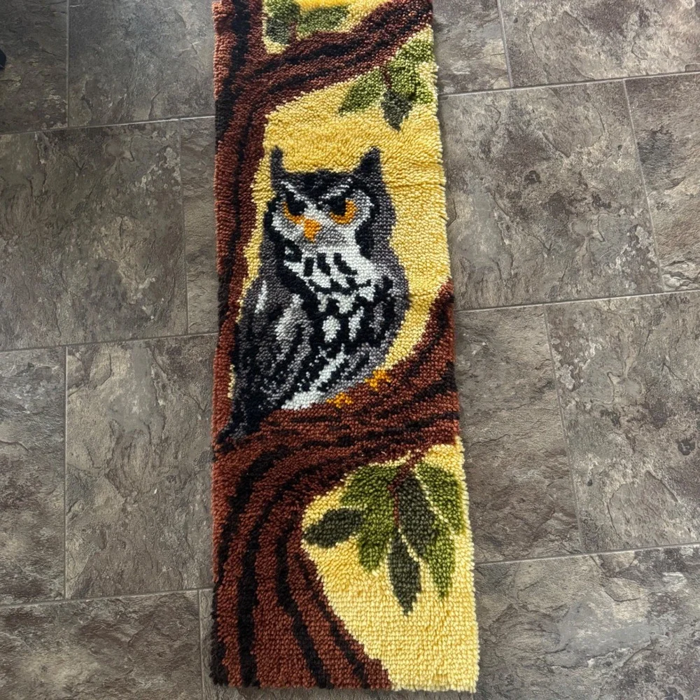 Vintage MCM 70s Owl Latch Hook Rug Wall Hanging 15x46 Handmade Retro Cabin Decor